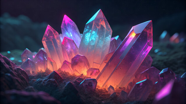 Abstract polygon crystals glowing with saturated neon edges.