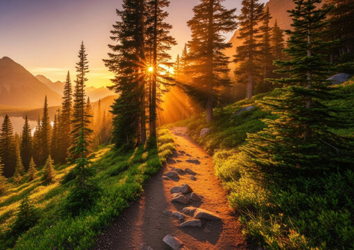 A serene mountain trail at sunset, with a path winding through a forest of tall evergreen trees, leading to a calm lake in the distance.