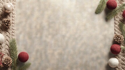 Scandinavian Knitted Christmas Holiday Background with Pine Cones and Yarn Ball Ornaments for Cozy Winter Greeting Designs