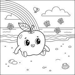 Cute Beach Scene Coloring Page with Happy Apple Character, Honey Jar, Bee, and Beehive – Fun Cartoon Line Art Illustration for Kids Activities and Creative Projects
