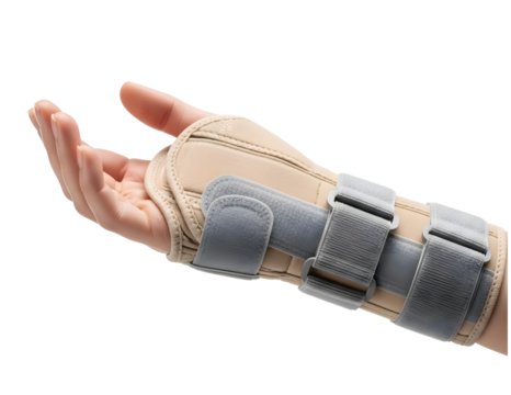 Human hand wearing a wrist brace for support and recovery isolated on transparent background - Powered by Adobe