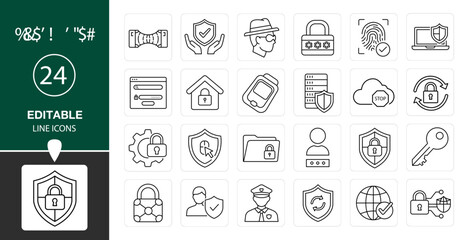 Protection Line Icon Set — Modern Thin Editable Stroke Vector Symbols of Security, Shield, Lock, Guard, Safety, and Defense