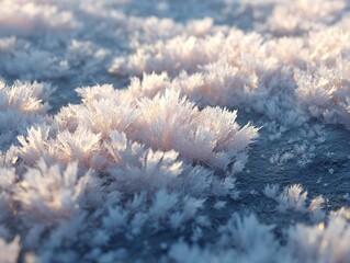 An intricate close-up of delicate frost feathers and ice crystals forming complex patterns on the ground, illuminated by soft side light that creates a cool color palette with subtle warm reflections.
