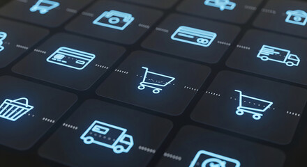 A display of illuminated shopping icons on square buttons, showcasing e-commerce and online business concepts, representative of digital transactions