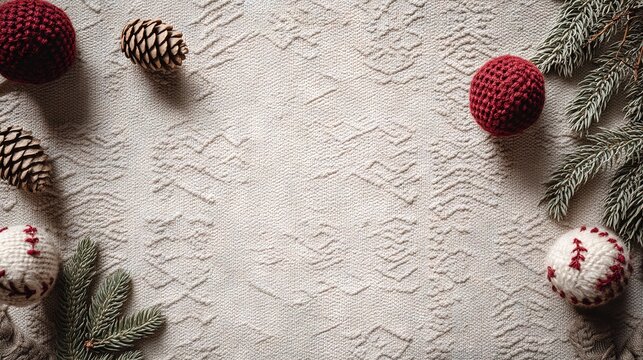 Scandinavian Knitted Christmas Background, Red and White Yarn Ornaments, Pine Cones, and Rustic Winter Decor for Nordic Holiday Projects