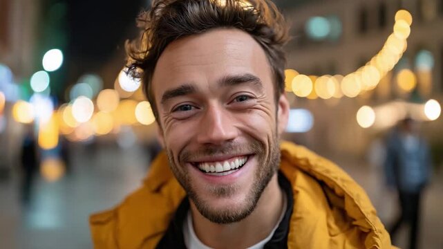 Urban Portrait: A captivating portrait of a happy person at night. Smiling broadly in the softly lit city, the photograph captures the essence of pure joy and the magic of evening lights.