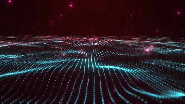 Abstract digital glowing dynamic particle waves with motion light background, data flow, cyb