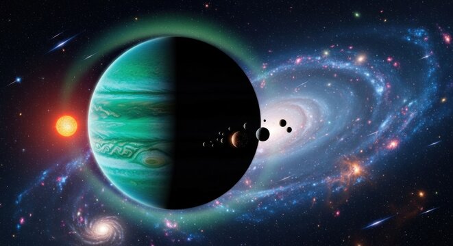 A green and blue planet with moons and a sun in a vast, star-studded galaxy.