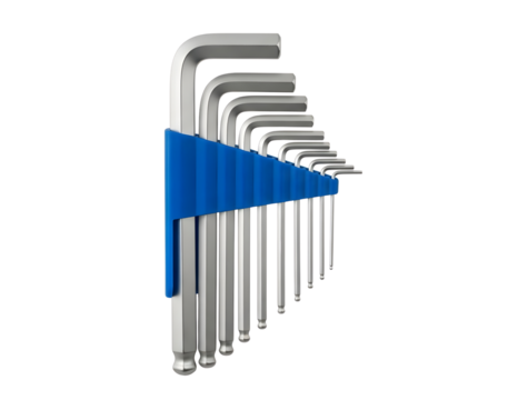 Set of hex keys or allen wrenches in blue holder isolated on transparent background