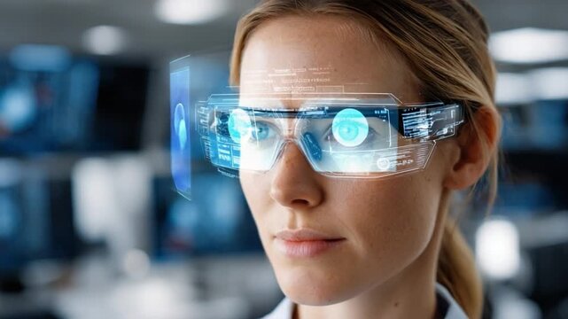 Future Gaze: A focused individual wearing augmented reality glasses, seamlessly interacting with cutting-edge technology, embodying the forward-thinking innovation and futuristic possibilities.