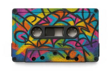 Audio cassette tape with vibrant graffiti art, symbolizing retro music culture and expressive urban style