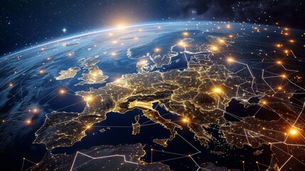 Fototapeta premium Eu network mapping enhancing connectivity, data transfer, cyber tech, and business exchange