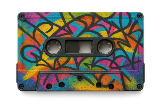 Audio cassette tape with vibrant graffiti art, symbolizing retro music culture and expressive urban style - Powered by Adobe