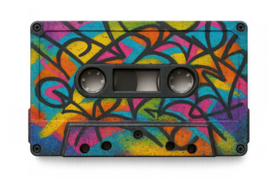 Audio cassette tape with vibrant graffiti art, symbolizing retro music culture and expressive urban style