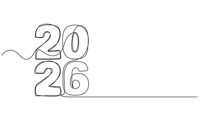 2026 is written in one continuous line on a white background, New Year 2026 animation, 2026 new year continuous line art clip self drawing animation on white black background. single one line art