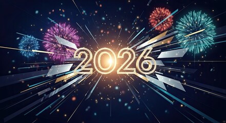 A vibrant fireworks display against a dark sky, celebrating the year 2026 with colorful explosions.