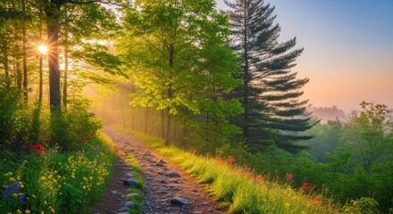 A serene forest path leading through a lush green forest with a sunlit clearing at the end.