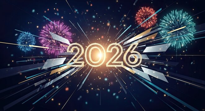 A vibrant fireworks display against a dark sky, celebrating the year 2026 with colorful explosions.