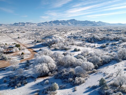 An aerial view of a vast winter desert landscape with snow-covered shrubs, a winding dirt road, and distant snow-capped mountains under a clear blue sky, demonstrating the unique beauty - Powered by Adobe