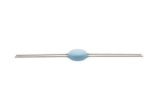 Blue ceramic capacitor with long metal leads, small electronic part isolated on transparent background