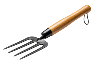 Garden hand fork with wooden handle isolated on transparent background