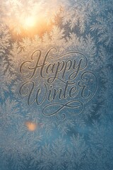 Frosted Window 'Happy Winter' Typography with Golden Sunlight Bokeh