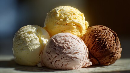Assorted Creamy Ice Cream Scoops with Natural Lighting