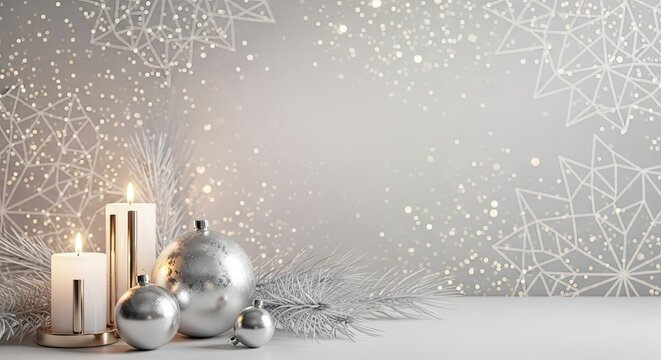 Christmas decorations with silver ornaments and candles on a white background with snowflakes. - Powered by Adobe
