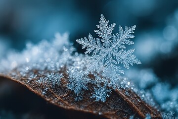 Macro Close-Up of a Perfect Ice Crystal Snowflake on a Brown Autumn Leaf
