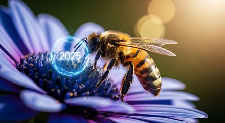 Vibrant Bee on Purple Flower with Luminous 2025 Digital Overlay Blending Nature and Future Tech.