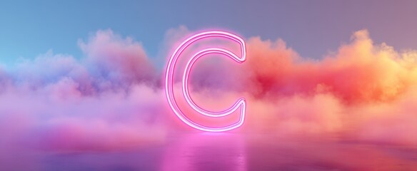 Neon letter c floating in vibrant colorful clouds - creative design for modern display