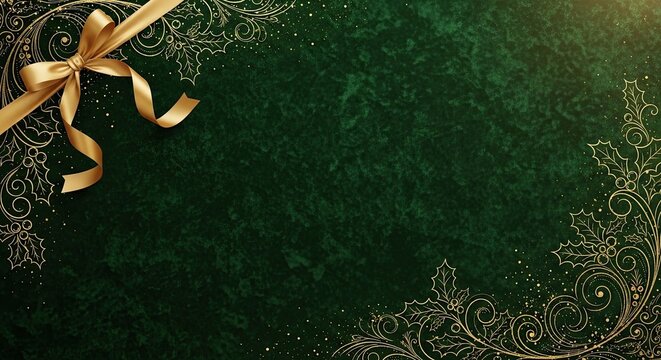 A green and gold ribbon with a holly leaf pattern on a dark green background with a gold border.