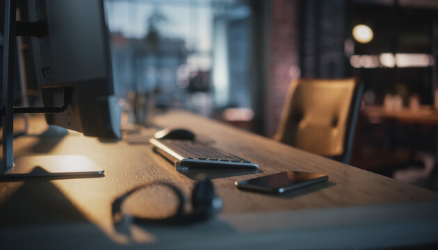Close-up, shallow depth of field shot of a modern computer workstation with keyboard, mouse, headphones, and smartphone on a wooden desk.
