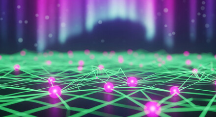 Abstract network with pink sphere and green line, creating an interconnected system, symbolizing connection, technology, and modern communication concepts