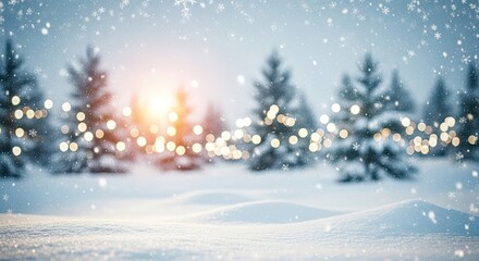 Snowy winter landscape with a Christmas tree and snowflakes falling.