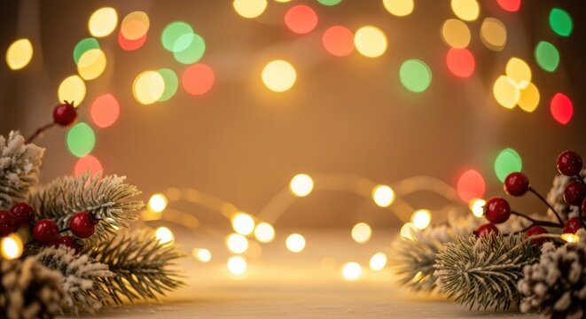 Christmas lights and decorations on a wooden table.