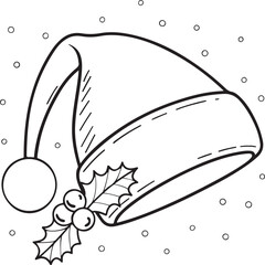 Hand drawn santa hat doodle with holly and winter snow elements