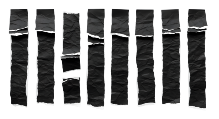 Collection of torn black paper strips with rough white edges isolated on a transparent background torn paper