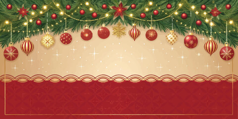Vector christmas festive christmas decoration with ornaments garland and red patterned background for celebration design