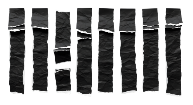 Collection of torn black paper strips with rough white edges isolated on a transparent background torn paper