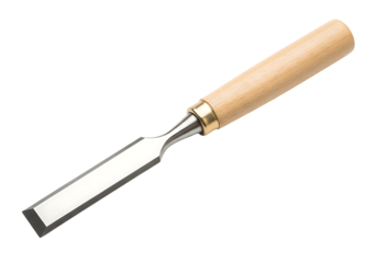 A wood chisel with wooden handle and shiny sharp metal blade. isolated on transparent background