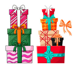 Two stacks of brightly colored, patterned, wrapped gift boxes tied with big ribbons and bows