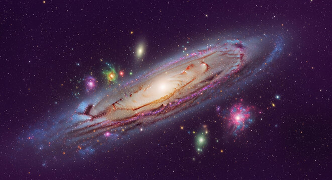 Wide shot of spiral galaxy with starlight, nebula, and cosmic dust in dark space, symbolizing universe, immensity, and exploration, perfect for science themes