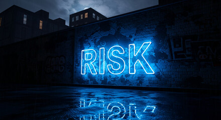 Urban scene with a blue neon RISK sign on a brick wall, reflecting on the wet ground. Represents uncertainty, danger, or potential reward.