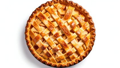 Overhead shot of a baked apple pie with lattice crust, resting on white background