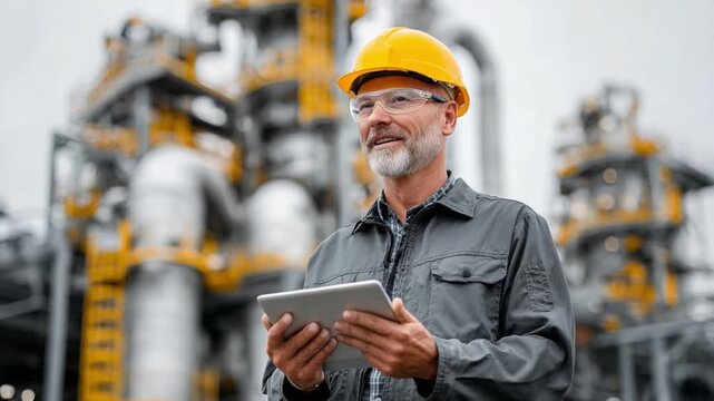 Industrial Engineer at Work: An experienced engineer, clad in protective gear, navigates a complex industrial setting with a tablet in hand, embodying expertise and precision in the realm of industry.