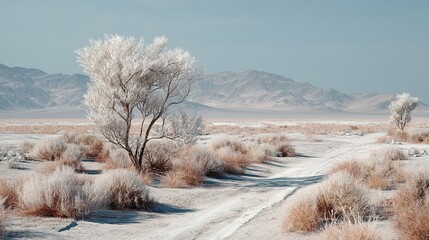 A curved dirt road snakes through frost-covered low shrubs and barren terrain towards distant, softly defined bluish mountains under a vast, clear sky in this expansive winter desert landscape.
