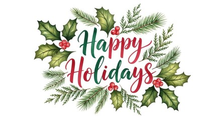 A festive holiday wreath with holly leaves and berries, set against a white background.