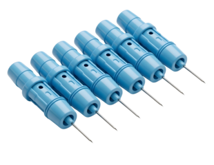 Six blue lancet pen needles isolated on transparent background