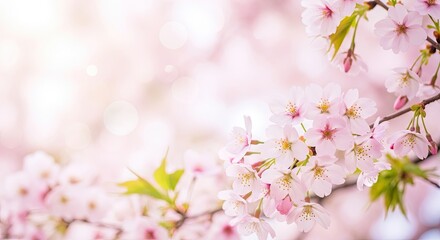 Cherry blossoms in full bloom against a soft pink background.